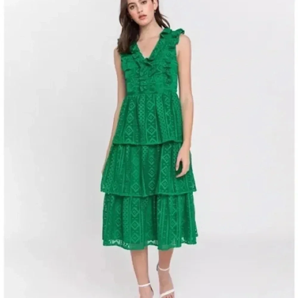 Endless Rose Lace Green tiered Midi Dress (M) - Picture 2 of 8